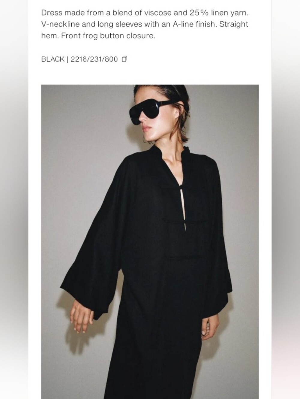 Zara Zw Collec Linen Frog Button Midi Caftan Tunic Voluminous Sleeves Dress - Picture 5 of 11